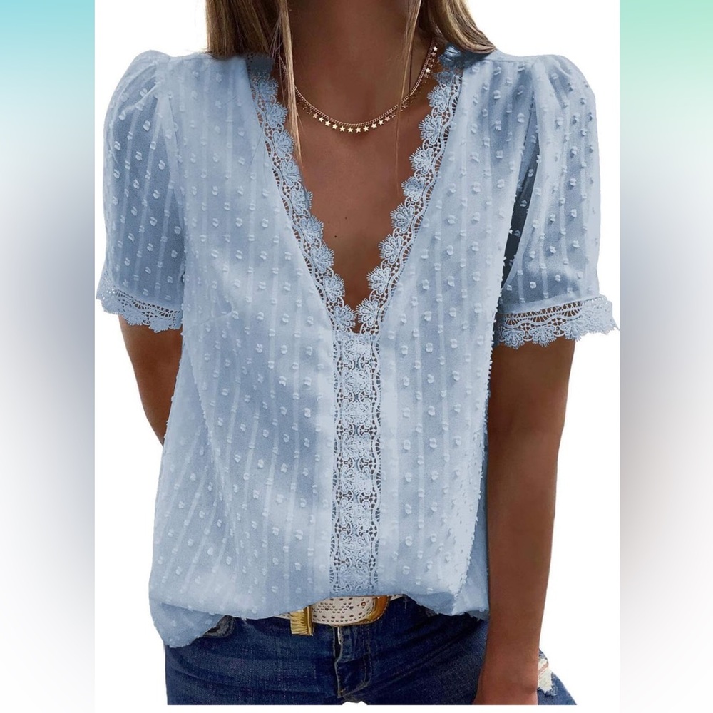 Light Blue Lace Trim Women's Top